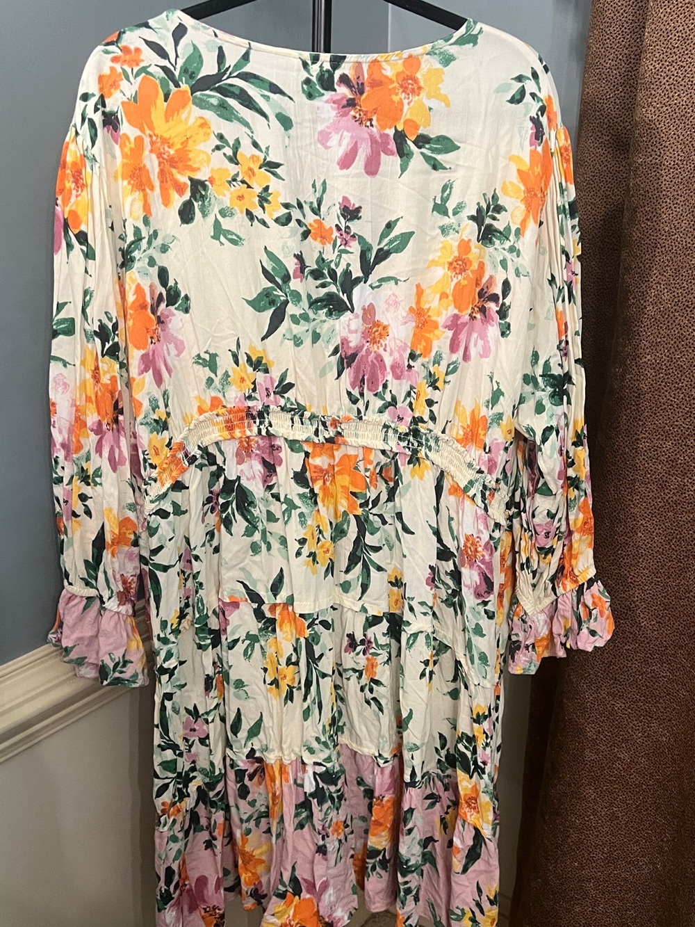 Women's Floral Tie-Front Tunic Dress — White with Orange, Pink & Green Floral - Picture 2 of 4